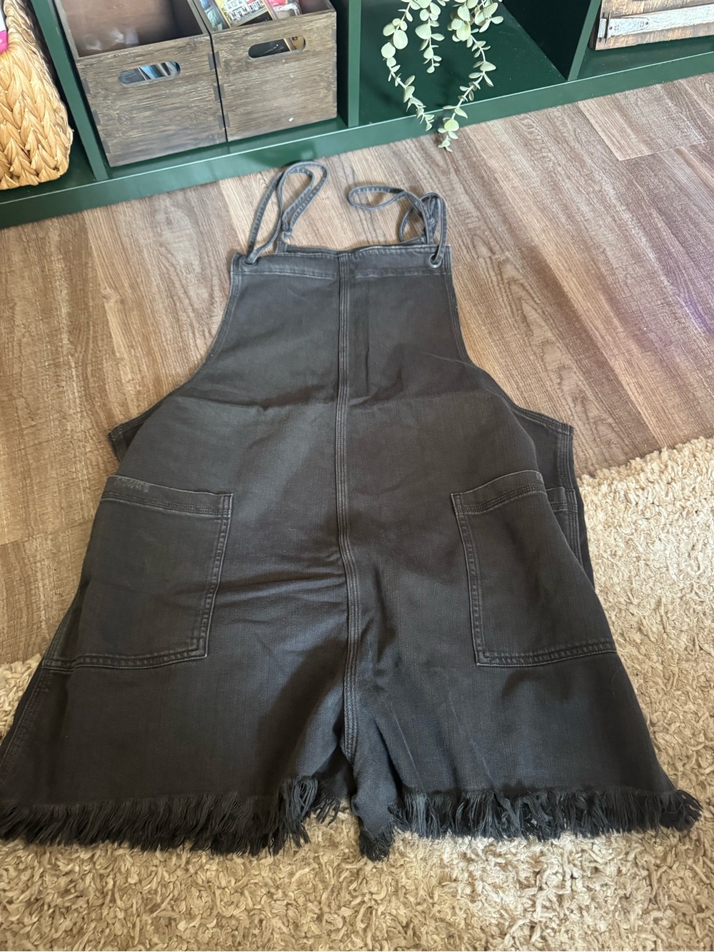 aerie Black Denim Overall Romper with Frayed Hem